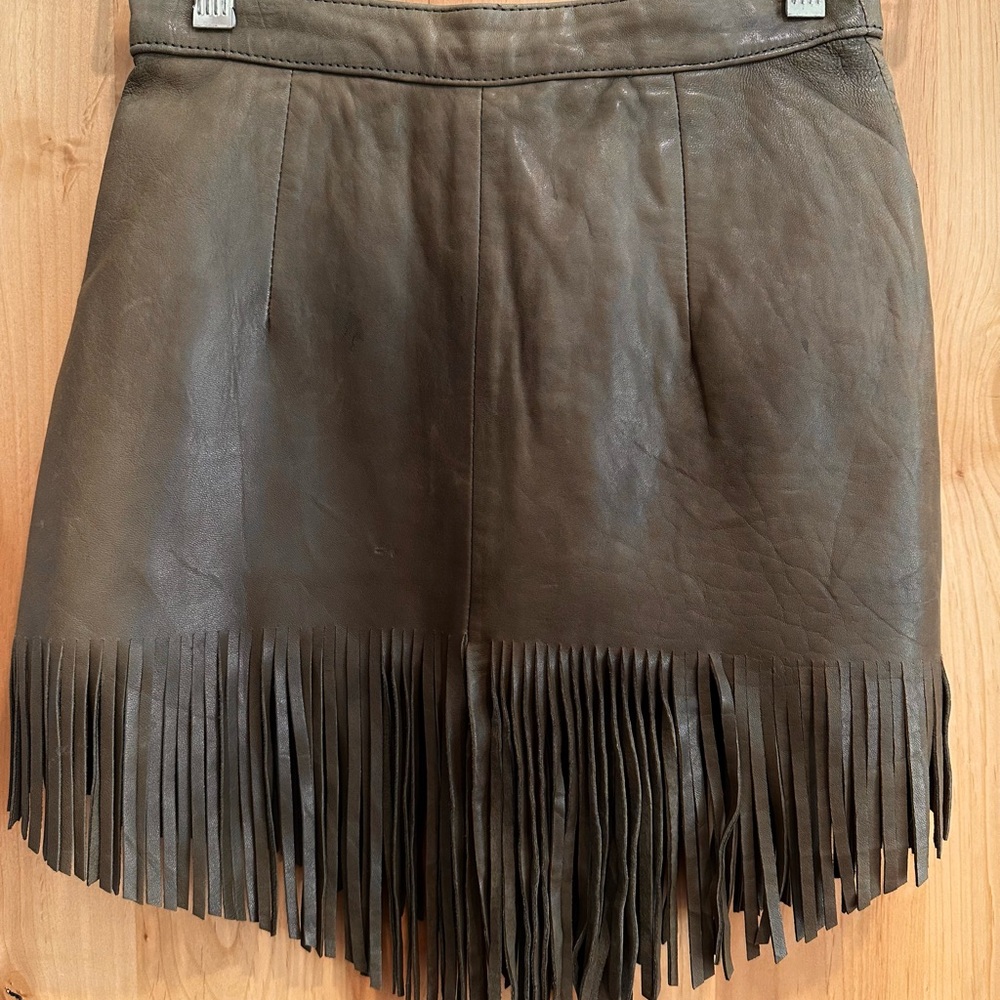 Fringed Leather Skirt - Olive Green Vintage